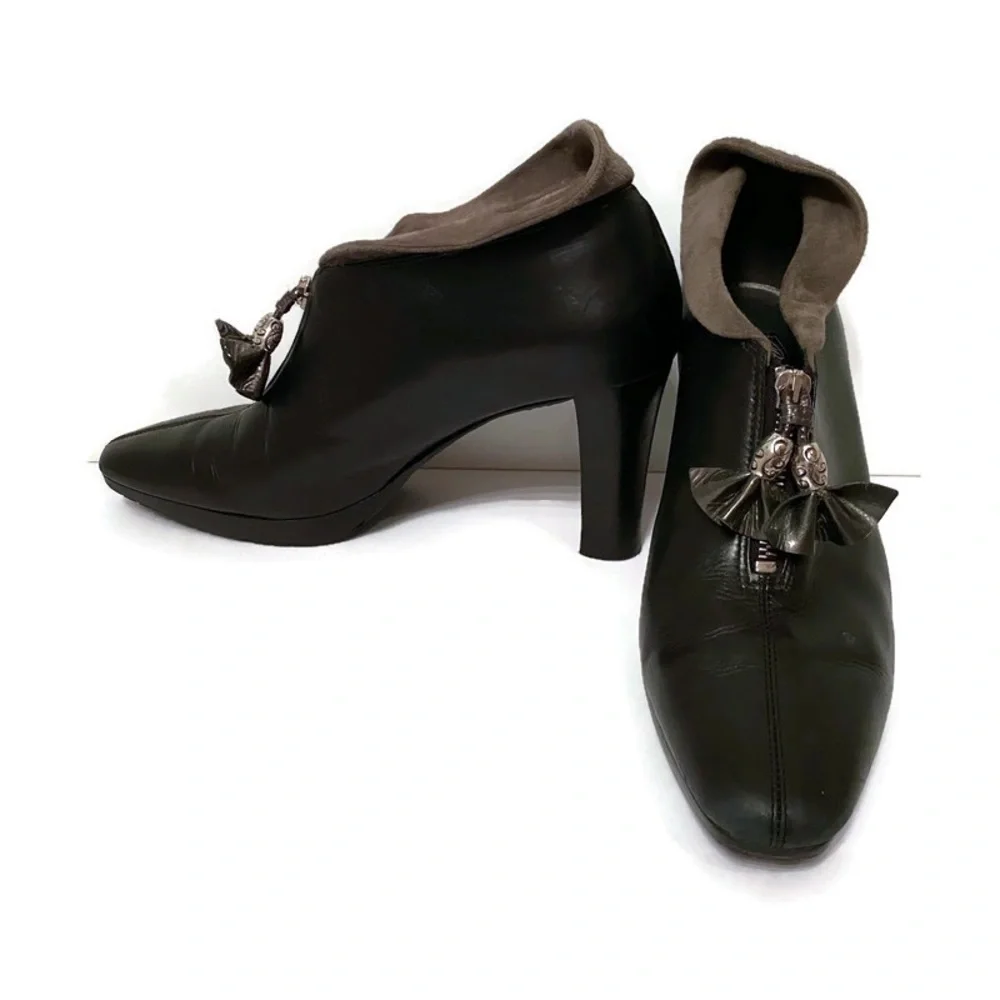 BRIGHTON SHOES HEELS ANKLE BOOTIES BLACK STACEY LEATHER GRAY SUEDE 8.5 M